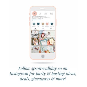 May include: A screenshot of a mobile phone displaying an Instagram profile for a business called Soir&eacute;e All Day. The profile has 122 posts, 2,495 followers, and 2,843 following. The profile description reads "Personalized stationery & paper goods for life's many celebrations - Charleston, SC". The profile picture is a bird with a banner that reads "Soir&eacute;e All Day". The profile has a grid of nine images, including a variety of stationery and paper goods.