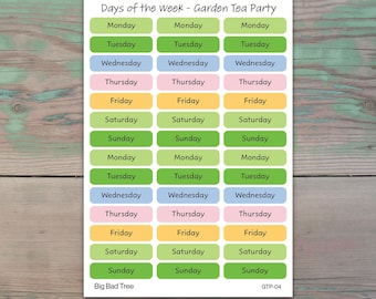 Days of the Week Planner Stickers for Journaling, Planners, and Calendars Garden Tea Party Theme