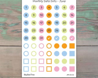 Monthly Date Dots Planner Stickers for Journaling, Planners, and Calendars June