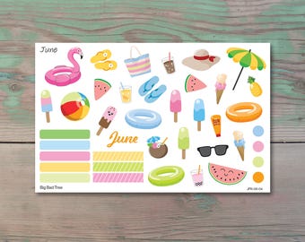 June Monthly Bullet Journal Sticker Sheets, Summer Themed Sticker Kit for Planners and Calendars