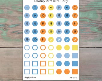 Monthly Date Dots Planner Stickers for Journaling, Planners, and Calendars July