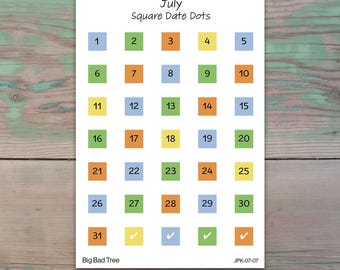 July Square Monthly Date Dots Planner Stickers for Journaling, Planners, and Calendars