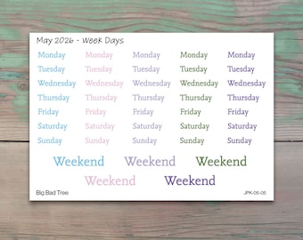 Days of the Week Planner Stickers for Journaling, Daily Planners, and Calendars - May 2026