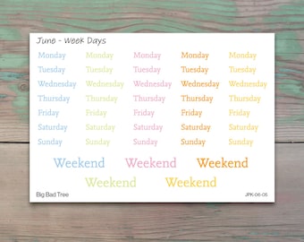 Days of the Week Planner Stickers for Journaling, Daily Planners, and Calendars - June