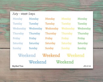 Days of the Week Planner Stickers for Journaling, Daily Planners, and Calendars - July