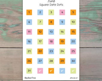 June Square Monthly Date Dots Planner Stickers for Journaling, Planners, and Calendars