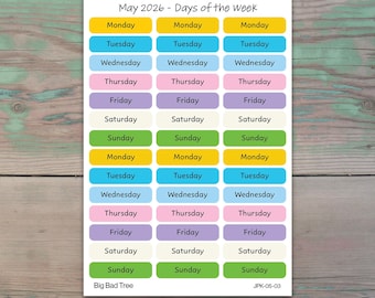 Days of the Week Planner Stickers for Journaling, Planners, and Calendars | May 2026