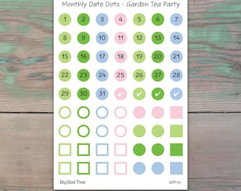 Monthly Date Dots Planner Stickers for Journaling, Planners and Calendars - Garden Tea Party