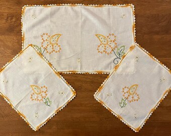 Set of 3 Embroidered Dresser Scarves, Antimacassar Set