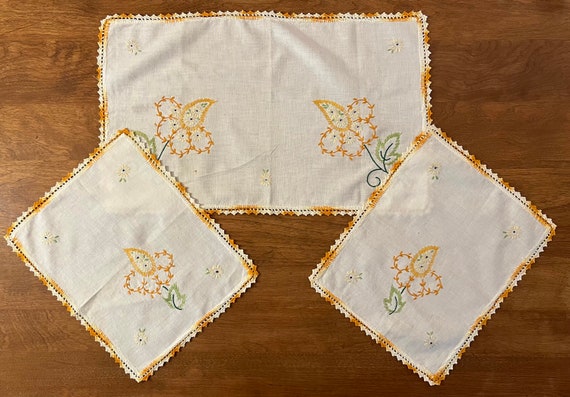 sachin and babi light blue dress Set of 3 Embroidered Dresser Scarves, Antimacassar Set