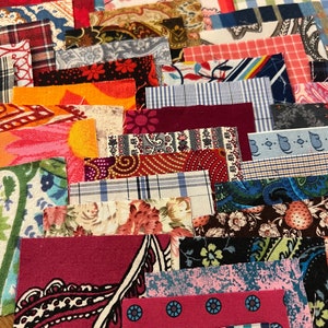60+ 2.5 x 2.5 Reclaimed Fabric Squares for Crafting, junk journaling, slow stitch, quilting, fabric jewelry
