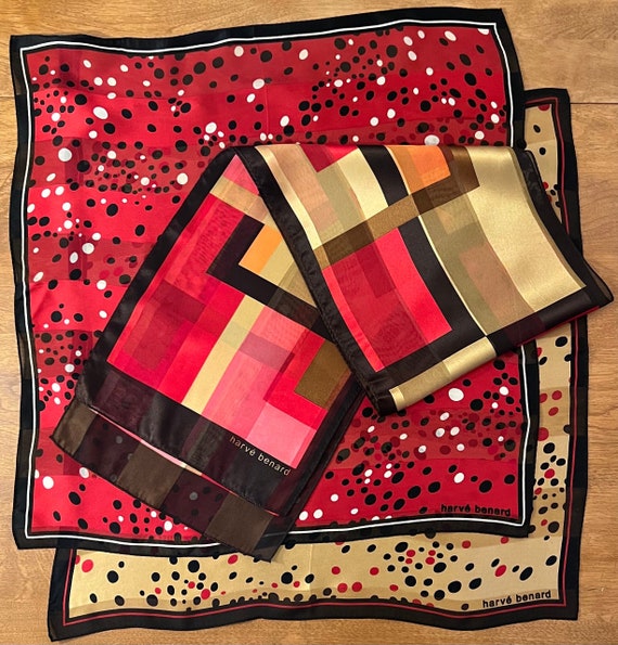 Harve Benard Silk Scarf, Beige, Black, and Red Po… - image 4