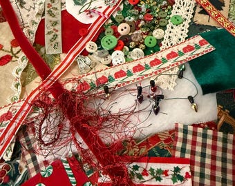 Jumbo Christmas Slow Stitch, Journal Goodies Kit with Upcycled Fabrics, Charms, Buttons, and Floss