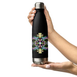 May include: A black stainless steel water bottle with a colorful abstract design. The design features a symmetrical pattern of swirling lines in shades of blue, green, yellow, and pink.