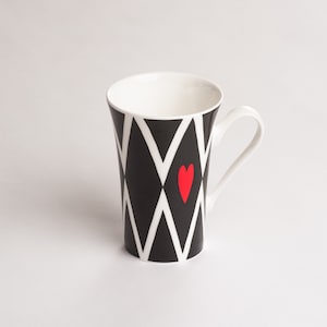Easter Gift - Elegant mug, fine bone china, red love heart, black, white, dishwasher and microwave safe. Ideal for tea or coffee.