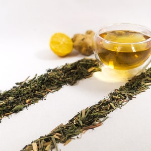 Lemony Ginger Loose Leaf Herbal Tea, caffeine free. Teabury hand blended and sustainable packaging, in UK
