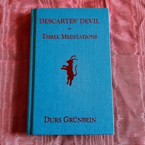 May include: A hardcover book titled "Descartes' Devil Three Meditations" by Durs Grünbein. The book has a teal cover with red text and a red illustration of a devil. The book is on a red surface.