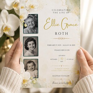 May include: A funeral program card titled Celebrating the Life of Ellie Grace Roth, featuring three black and white portrait photos of the deceased at different ages, decorated with white orchid illustrations and gold text on a cream background.