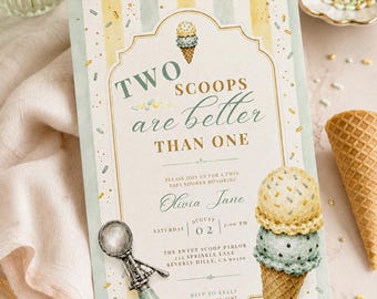 Two Scoops Are Better Than One Twin Baby Shower Invitation Template, Ice Cream Baby Shower Invite, Gender Neutral Twins, Editable Canva