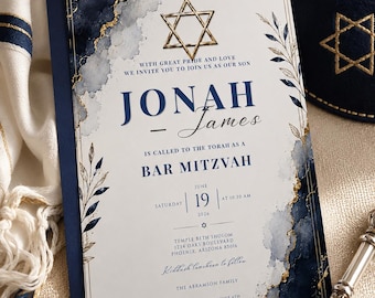 Elegant Bar Mitzvah Invitation, Navy Blue & Gold Jewish Invitation, Modern Bar Mitzvah Invite, Star of David Torah Ceremony