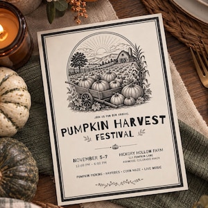 May include: A rectangular flyer for the Pumpkin Harvest Festival at Hickory Hollow Farm, November 5-7, 12:00 PM-6:00 PM, 123 Pumpkin Lane, Ashwood, Colorado 88428. It features a black and white illustration of a pumpkin-filled cart in a farm field.