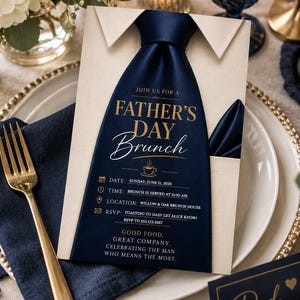 May include: A cream-colored invitation card shaped like a dress shirt with a navy blue necktie graphic. The text reads: JOIN US FOR A FATHER'S DAY BRUNCH, DATE: SUNDAY, JUNE 21, 2026, TIME: BRUNCH IS SERVED AT 11:00 AM, LOCATION: WILLOW & OAK BRUNCH HOUSE.