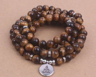 108 Tiger Eye Buddha Mala Beads Necklace