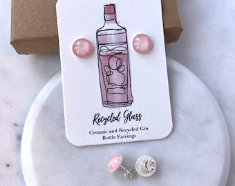 Recycled Pink Gin Bottle Glass Earrings Sterling Silver Studs