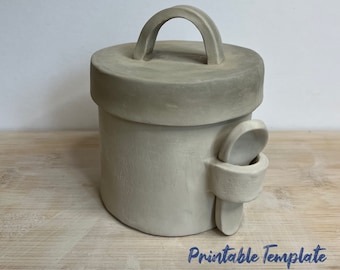 Pottery salt / sugar/ spice pot with spoon template l pottery slab built pot and spoon template