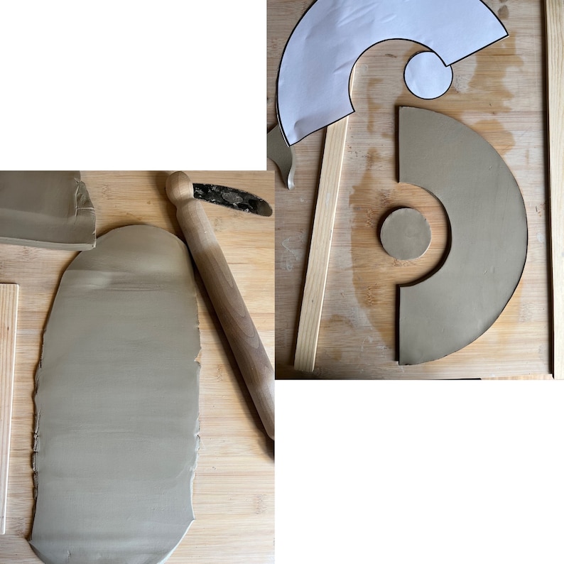 May include: A close-up of a pottery project in progress. A piece of clay has been rolled out and cut into a crescent shape. A wooden rolling pin and a metal tool are also visible.