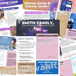 Puede incluir: Un collage colorido de imágenes con texto sobre la planificación de un viaje a Disneyland. El texto incluye información sobre Disney Genie, reservas de comidas y fechas importantes. El collage también incluye una carta de bienvenida con el texto "¡Felicidades!" y una confirmación de reserva para el 3-10 de diciembre de 2023.