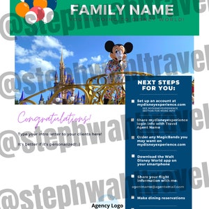 May include: A congratulatory message for a family trip to Disney World. The image features Mickey Mouse in front of Cinderella's Castle. The text includes a list of next steps for planning a Disney vacation.
