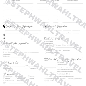 May include: A black and white printable travel client tracker with sections for client, contact, resort, rental car, and commission information. Includes fields for dates, tickets, and booking details. The text "Travel Client Tracker" is at the top.