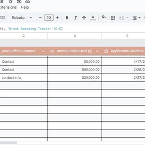 Op de afbeelding: Een spreadsheet met een sjabloon voor het bijhouden van subsidies. De spreadsheet heeft kolommen voor de naam van de subsidie, de link naar de aanvraag, het contact van de subsidiebeambte, het aangevraagde bedrag, de deadline voor de aanvraag, de tijd tot de deadline en de status van de aanvraag. De spreadsheet is gevuld met gegevens voor drie subsidies.