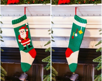 May include: Two green and white Christmas stockings hanging on a white mantelpiece. The stocking on the left features a Santa Claus design. The stocking on the right has a design of Christmas baubles.