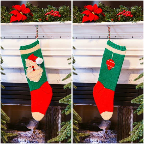 Hand Knit Stocking  ||  Jeweled Santa with Ornament ~ One or two-sided design