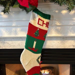 Hand Knit Stocking || Trees, Candles & Wreath ~ Two-sided design