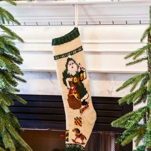 Hand Knit Stocking  || Vintage Santa with Gift Bag ~Two-sided design