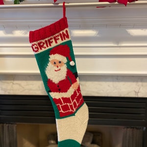 Hand Knit Stocking  || Santa in Chimney with Moon ~ One or two-sided design