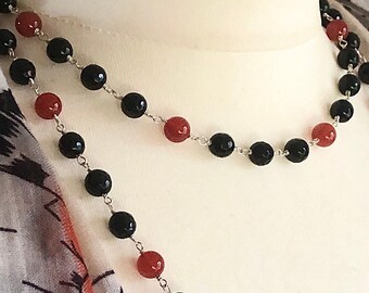925 Silver Onyx & Carnelian Beaded Gemstone Long Necklace 41" Handmade Unique Flapper 1920s