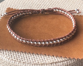 Mens/Unisex 925 Silver & Leather Beaded Bracelet 8" Adjustable Handmade Large Size