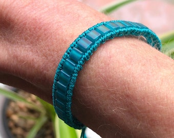 Micro Macrame Beaded Bracelet Turquoise/Aqua Cube Beads Friendship Handmade Unique