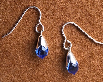 925 Silver Cornflower Blue Preciosa Crystal Dropper Earrings Handmade Dainty Sparkly