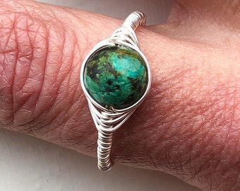 925 Silver Natural Turquoise Gemstone Hand Wrapped Ring Large UK S Handmade Unique Beaded