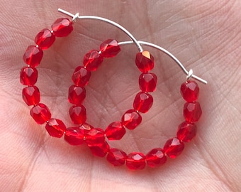 925 Silver Bright Red Czech Glass Beaded Hoop Earrings Handmade Sparkly Faceted 25mm