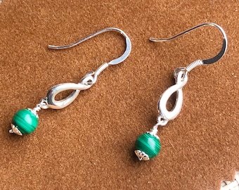 925 Silver & Malachite Gemstone Dropper Earrings Green Handmade Recycled Unique Striped Beaded