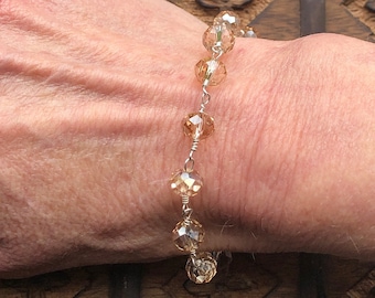 Handmade Sterling Silver Champagne AB Glass Beaded Bracelet (7 1/2")