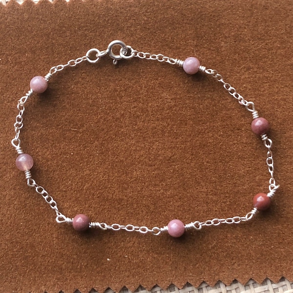 925 Silver Pink Agate Beaded Bracelet Handmade Gemstone Stacker 7 1/2" Dainty Pretty