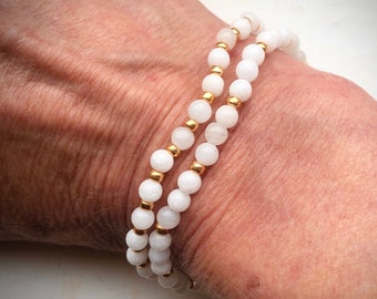 Stretch White Jade & Gold Seed Bead Gemstone Bracelet Dainty Handmade Stacker Beaded