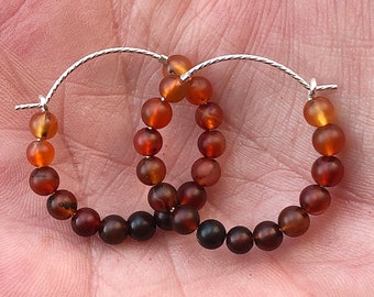 925 Silver Graduated Red Agate Gemstone Beaded Hoop Earrings Handmade Unique 25mm